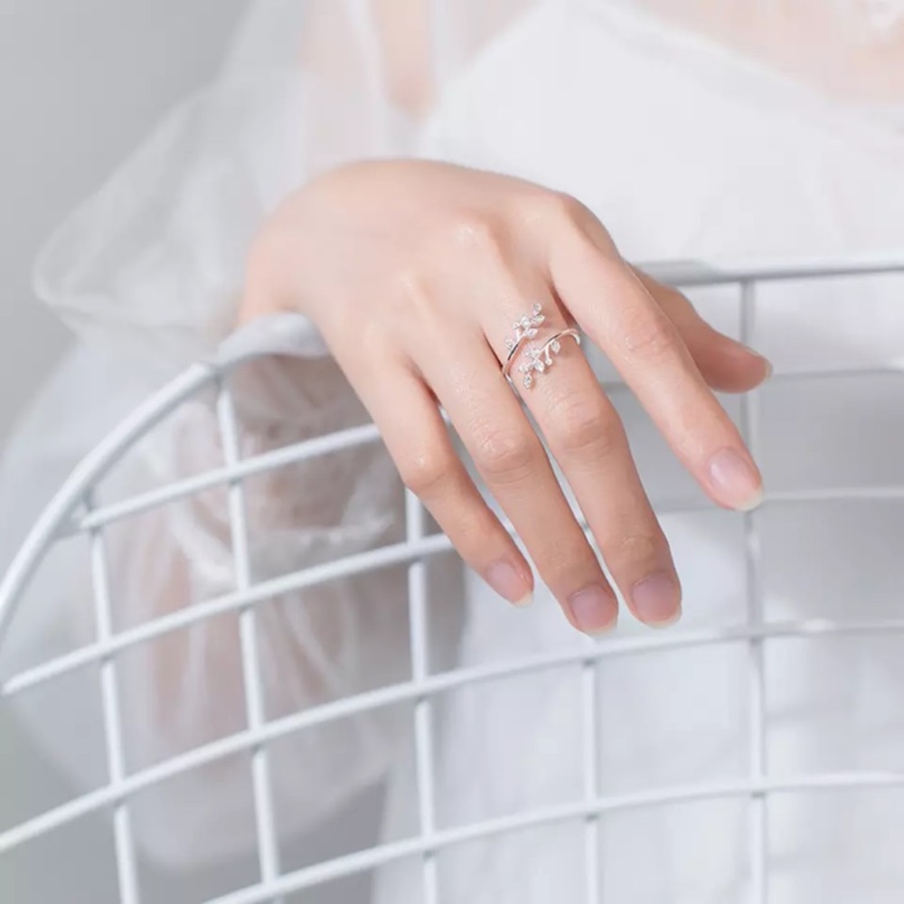 "Olivia" Minimalist Diamond Vine Leaf Plant Adjustable Silver Everyday Cute Ring - Picture 2 of 3